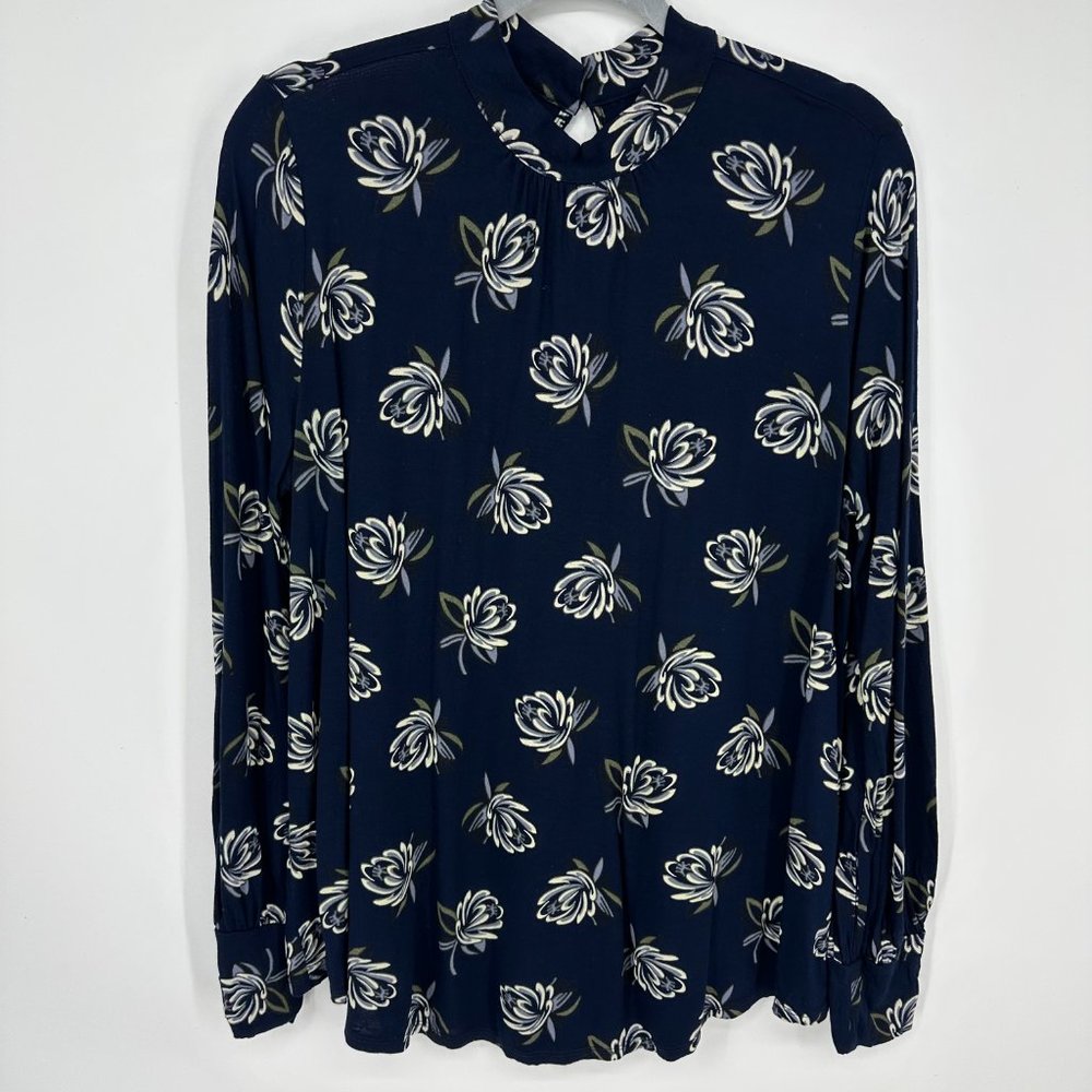 3/$25 LOFT Floral Mock‎ Neck Top L Long Sleeve Blouse Navy Blue